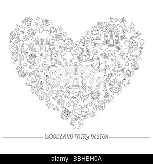 Vektor schwarz und weiß Wald Fee Herz geformter Rahmen mit Elfe, Zwerg, Häuser, Einhorn, Drache, märchenhafte Kreatur. Magic Garden Line Card Vorlage Stock Vektor