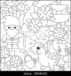 Vektor-schwarz-weiß quadratischer Märchenhintergrund mit Gartengnome, Blumen, Drache, schlafender Fuchs, Brunnen. Zauberhafte Landschaft an Land. Fantasy im Vordergrund Stock Vektor