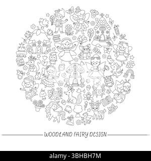 Vektor schwarz-weiß Wald Fee Runde Rahmen mit Elfe, Zwerg, Häuser, Einhorn, Drache, märchenhafte Kreatur. Magic Garden Line Card Template Design Stock Vektor