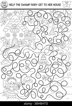 Schwarz-weißes Labyrinth für Kinder mit Sumpffee, verzaubertem Haus, Zauberwald, Waldlandschaft. Märchenhafte Prinzessin im Vorschulalter zum Ausdrucken. La Stock Vektor