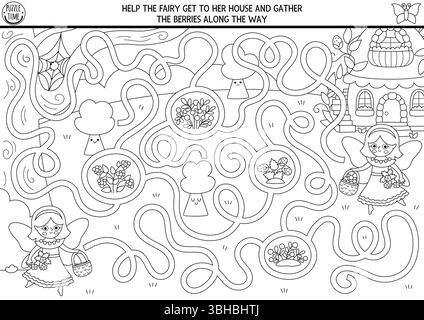 Schwarz-weißes Labyrinth für Kinder mit Beerenfee, Haus, Zauberwald, Waldlandschaft. Märchenhafte Prinzessin im Vorschulalter, bedruckbare Aktivität mit niedlichem Riesen Stock Vektor