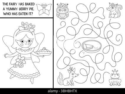 Schwarz-weißes Labyrinth für Kinder mit Fee, Beerenkuchen, Eulen, Eichhörnchen, Fuchs, Frosch. Märchenprinzessin druckbare Aktivität, Ausmalseite. Zauberwald, woo Stock Vektor