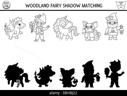 Schwarz-weißer Schatten im Waldmärchen, die Aktivität mit Fantasy-Kreaturen kombinieren. Zauberwald-Puzzle mit Einhorn, Zwerg, Elf. Finden Sie die richtige Silhouette p Stock Vektor
