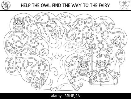 Schwarz-weißes Labyrinth für Kinder mit Wald- oder Blumenfee, Labyrinth in Form einer Baumkrone. Märchenhaft druckbare Aktivität, Ausmalseite. Zauberwald Stock Vektor