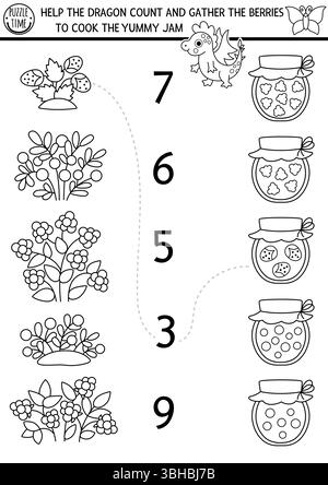 Passen Sie die Zahlen für das Spiel oder die Ausmalseite mit Drachen-Kochmarmelade an. Wald-Feen-Garten-Mathematik-Aktivität. Märchenhafte Counti Stock Vektor