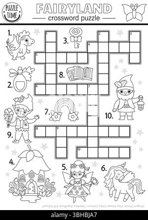 Vektor-schwarz-weiß Märchenkreuzworträtsel für Kinder. Quiz mit Fee, Elfe, Drache, Einhorn, Zwerg, regenbogen. Niedliches Waldland lehrreiches Kreuz wor Stock Vektor