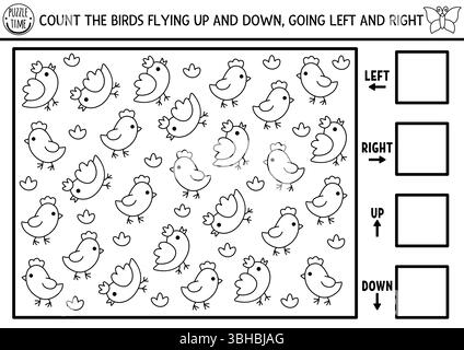 Fairyland, Wald Natur Logik Spiel mit rechts, links, oben, unten Konzept. Schwarz auf weiß spioniere ich auf der Suche, zähle Aktivitäten mit Vogel. Druckbarer Bereich Stock Vektor