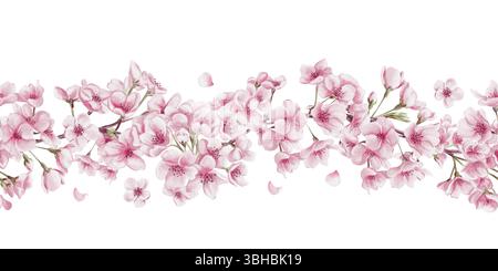 Nahtloser Rand blühender Kirschblüten. Sakura-Blumen. Kleine rosafarbene Blüten und Äste. Aquarellabbildung ohne Hintergrund. Hand Stockfoto