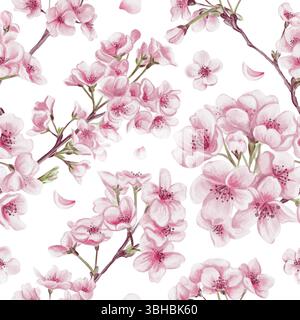 Nahtloses Muster mit Sakura-Blüten. Kirschblütenfest. Kleine rosa Blüten auf Zweigen. Blütenblätter und Blätter. Aquarellabbildung isoliert Stockfoto
