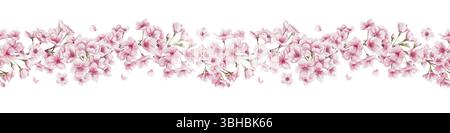 Nahtloser Rand blühender Kirschblüten. Sakura-Blumen. Kleine rosafarbene Blüten und Äste. Aquarellabbildung ohne Hintergrund. Hand Stockfoto