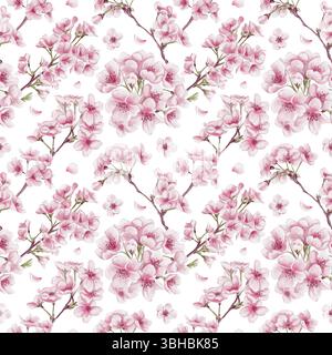Nahtloses Muster mit Sakura-Blüten. Kirschblütenfest. Kleine rosa Blüten auf Zweigen. Blütenblätter und Blätter. Aquarellabbildung isoliert Stockfoto