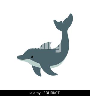 Einfache flache Illustration eines Delfins, dargestellt in der Mitte des Sprunges mit einem geschwungenen Körper und einem freundlichen Ausdruck. Klares Design mit sanften Farben, ideal für Stock Vektor