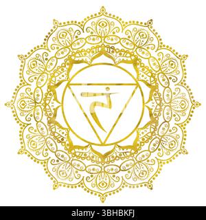 Solarplexus-Chakra Manipura von goldgelber Farbe mit elegantem Mandala-Muster und Sanskrit-Buchstaben in der Mitte. Energiebilanz. Handgezeichnetes Wasser Stockfoto