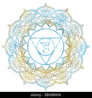Kehlchakra Vishuddha von goldblauer Farbe mit elegantem Mandalamuster und Sanskrit-Buchstaben in der Mitte. Energiebilanz. Handgezeichnetes Aquarell il Stockfoto
