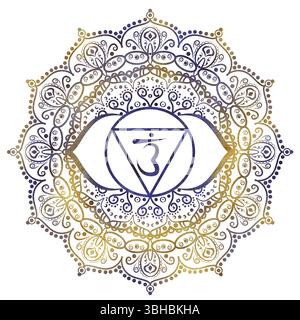 Drittes Auge Chakra Ajna von goldener dunkelblauer Farbe mit elegantem Mandala-Muster und Sanskrit-Buchstaben in der Mitte. Energiebilanz. Handgezeichnetes Aquarell Stockfoto