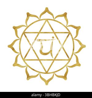 Herzchakra Anahata mit goldener Textur und Sanskrit-Buchstaben in der Mitte. Heilender Energiehaushalt. Handgezeichnete Aquarellillustration. Ethnische Indianer Stockfoto