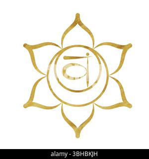 Sakralchakra Svadhisthana mit goldener Textur und Sanskritbuchstaben im Zentrum. Heilender Energiehaushalt. Handgezeichnete Aquarellillustration. Ethnisch Stockfoto