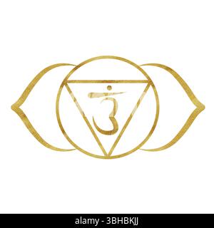 Drittes Auge Chakra Ajna mit goldener Textur und Sanskrit-Buchstaben in der Mitte. Heilender Energiehaushalt. Handgezeichnete Aquarellillustration. Ethnisches Indien Stockfoto