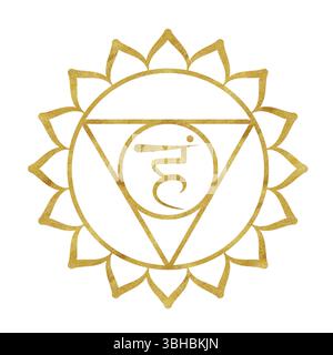 Rachenchakra Vishuddha mit goldener Textur und Sanskritbuchstaben in der Mitte. Heilender Energiehaushalt. Handgezeichnete Aquarellillustration. Ethnische Herkunft Stockfoto