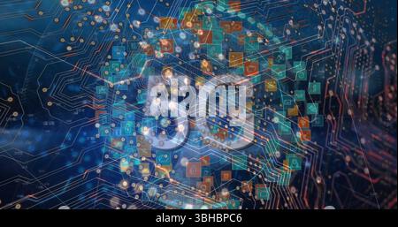 Bild der Datenverarbeitung und 5g-Text mit Symbolen über das Netzwerk von Verbindungen. Globales Business und digitales Schnittstellenkonzept digital generiertes Bild. Stockfoto