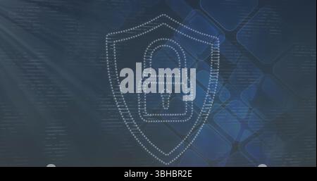 Abbildung: Digitale Abschirmung mit Vorhängeschloss über Quadraten und Licht Stockfoto