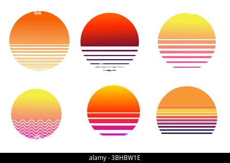 Retro Vaporwave Sun futuristischer Sonnenaufgang. Geometrischer Planet des Cyberpunk. Synthwave Vintage. Sonnenkreis-Retrowellenabstrakt. Vektorabbildung Stock Vektor