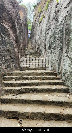 Alte Steintreppe zwischen hohen Felswänden, die durch einen schmalen historischen Pfad in sri lanka führt. Stockfoto
