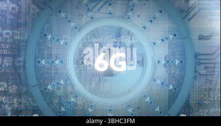 Bild: 6 g Text über rundem Scanner und sich drehender Globus vor einem leeren Serverraum. Globale Netzwerk- und Datenspeichertechnologie für Unternehmen – Konz Stockfoto