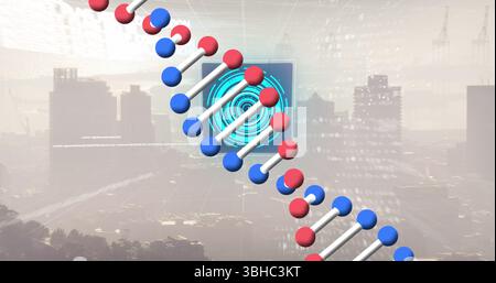 Bild des Scope-Scans mit Datenverarbeitung und dna-Strang über der Stadtlandschaft. Globales Geschäfts-, Finanz- und digitales Schnittstellenkonzept wird digital generiert Stockfoto