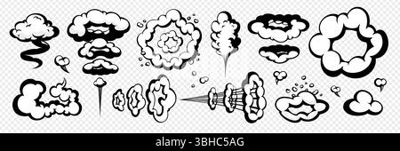 Wolkenraucheffekt mit Comic-Bewegung und Boom-Trail, isoliert auf transparentem Hintergrund. Vektorexplosion im Comic-Stil und Dampfformen. Großartig Stock Vektor