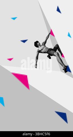 Kletterer hält eine unangenehme Haltung innerhalb eines eckigen grauen Wandraumes, umgeben von farbcodierten Pixelgriffen. Konzeptdesign Stockfoto