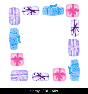 Handbemalter Rahmen in Aquarellfarben aus rosa und lilafarbenen Geschenkboxen Stockfoto