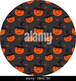 Freihand-Halloween-Kürbis mit Hexenhut und dekorativen Elementen nahtloses Muster im Kreis-Hintergrund. Isolierte Vektor-Illustration Halloween festliche Grußkarten, Geschichten, Posts Hintergrund Poster, Tag Stock Vektor