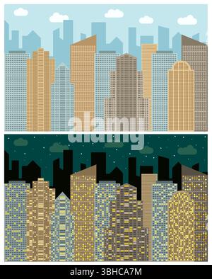 Blick auf die Straße mit Stadtblick, Wolkenkratzern und modernen Gebäuden bei Tag und Nacht. Vektor-Illustration der städtischen Landschaft. Stock Vektor