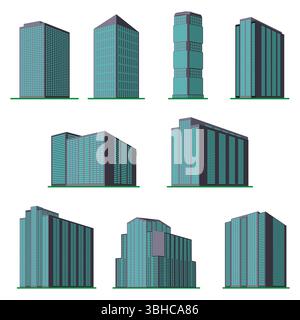 Neun moderne Hochhäuser auf weißem Hintergrund. Blick auf das Gebäude von unten. Abbildung des isometrischen Vektors. Stock Vektor