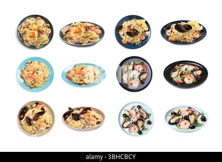 Leckere Gerichte mit Meeresfrüchten isoliert auf weiß, Collage. Draufsicht und Seitenansicht Stockfoto