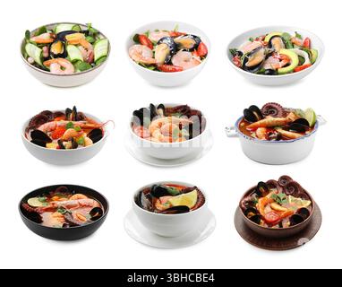 Leckere Gerichte mit Meeresfrüchten isoliert auf weiß, Set Stockfoto