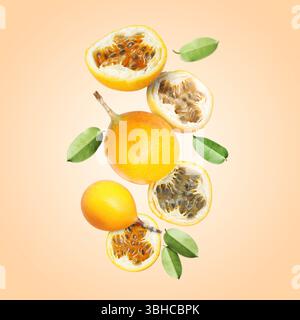Köstliche reife Passionsfrüchte mit grünen Blättern, die auf rosafarbenem Hintergrund fallen Stockfoto