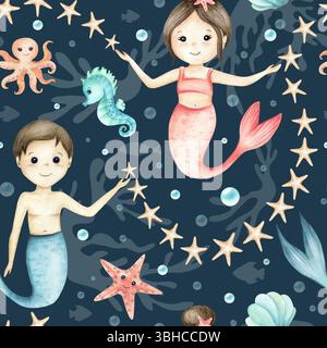 Meerjungfrauen Mädchen, Jungen, Seepferdchen, Seesterne, Tintenfische, nahtlose Muster mit Sternen und Blasen. Aquarell Kinderillustration isoliert auf Stockfoto