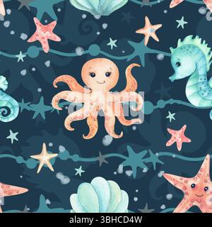 Tintenfisch, Seepferd, Seesterne niedliche Kinder Illustration nahtloses Muster isoliert auf dunklem Hintergrund mit Meerestieren Silhouette. Aquarellzeichen Stockfoto
