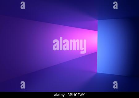 Rosafarbenes Neonlicht leuchtet sanft und beleuchtet eine leere Ecke in einem leuchtend blau-violetten Raum und schafft eine surreale, moderne Atmosphäre. Abstrakte Ba Stockfoto
