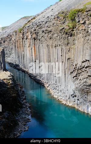 Majestätische Basaltsäulen erheben sich dramatisch aus den Ufern des pulsierenden türkisfarbenen Flusses im Studlagil Canyon, Island. Besucher bestaunen dieses atemberaubende Naturwunder an einem sonnigen Tag. Stockfoto