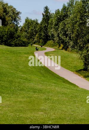 Ein gepflasterter Pfad führt durch einen grasbewachsenen Park, der von üppigen Bäumen umgeben ist. Zwei leere Bänke sitzen entlang des Weges und laden zum Ausruhen ein. Stockfoto