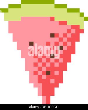 Saftige Wassermelonenscheibe im Pixel-Art-Stil. Lustige und farbenfrohe Obstillustration für Sommerdesigns, Spiele, Ikonen oder digitale Aufkleber. Stock Vektor