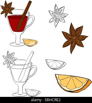 Heißer Glühwein mit Zimt, Sternanis und Orange Vektor-Grafik-Linie Tusche Illustration. Heißgetränk mit Zitrusfrüchten und Gewürzen Symbol isoliert auf einem weißen B Stock Vektor