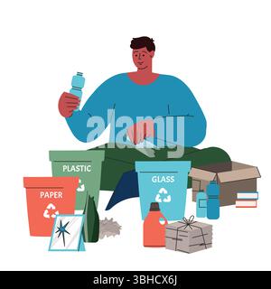 Junge sortiert Müll. Sortieren von Kunststoff, Papier, Glas. Zero Waste Vektor-Konzept, Vorlage, Design für Banner, Karte, Poster nachhaltiger Lebensstil Stock Vektor
