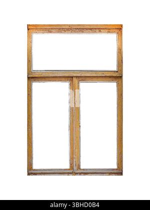 Alte orange verlassene hölzerne Fensterrahmen isoliert auf weißem Hintergrund. Stockfoto