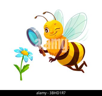 Die fröhliche Honigbiene fliegt in der Nähe einer blauen Blume, hält eine Lupe und zwinkert verspielt. Isolierte Vektorskurrile, neugierige Insektenfigur mit Ausdruck, der eine Blüte lernt Stock Vektor