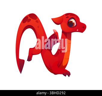 Märchen-roter Drache Schriftart Buchstabe N. Asiatische Fantasy Reptil Persönlichkeit Kinder ABC Symbol oder Cartoonvektor Englisch Alphabet Zeichen. Schriftart Buchstabe oder Textelement für rotes Drachenzeichen Stock Vektor