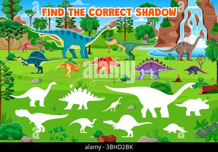 Im Dschungelwald-Vektor-Hintergrund findest du den richtigen Schatten prähistorischer Dinosaurier-Kinder-Spieltabelle. Lustige Dino-Charaktere in Zeichentrickfilmen, die mit einem Puzzle-Quiz mit jurassischen Reptilien in der Nähe des Wasserfalls übereinstimmen Stock Vektor